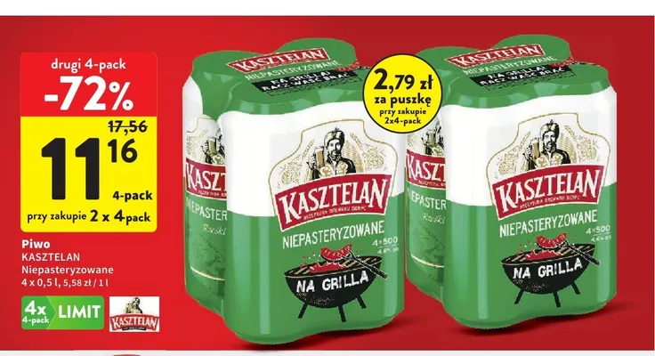 Piwo Kasztelan Niepasteryzowane 4-pak 500ml promocja w Intermarche