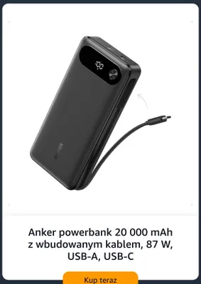 Powerbank Anker 20 000mAh z wbudowanym kablem 87W promocja w Amazon
