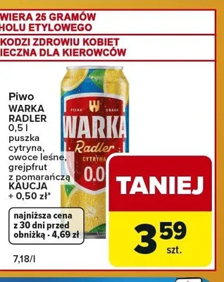 Piwo bezalkoholowe Warka Radler cytryna promocja w Carrefour Express