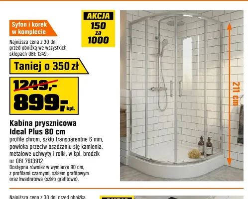 Kabina prysznicowa Ideal Plus 80 cm promocja w OBI