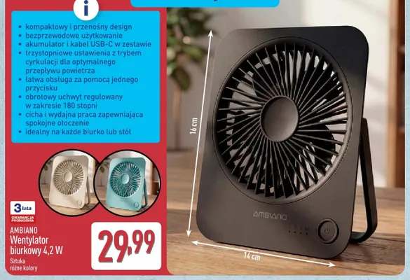 Wentylator biurkowy AMBIANO 4,2W promocja w Aldi