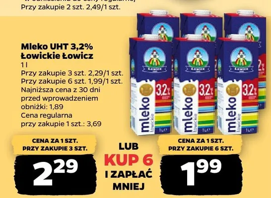 Mleko UHT 3,2% Łowickie Łowicz promocja w Netto