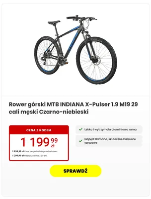 Rower górski MTB INDIANA X-Pulser 1.9 M19 29 cali męski Czarno-niebieski promocja w Media Expert
