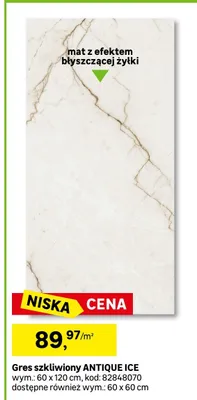 Gres szkliwiony ANTIQUE ICE mat z efektem błyszczącej żyłki 60x120cm promocja w Leroy Merlin
