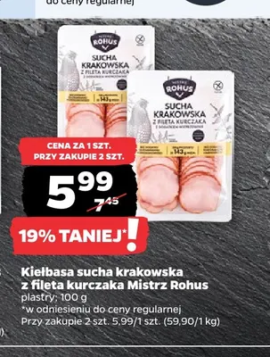Kiełbasa sucha krakowska z fileta kurczaka w plastrach Mistrz Rohus promocja w Netto