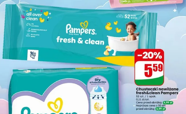 Chusteczki nawilżane fresh & clean Pampers promocja w Dino