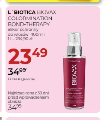 Eliksir ochronny do włosów Biovax Colormination Bond-Therapy L'biotica promocja w Drogerie Jawa