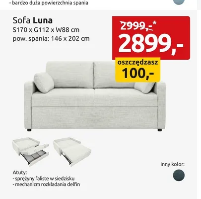Sofa Luna S170xG112xW88cm pow. spania: 146x202cm promocja w Black Red White