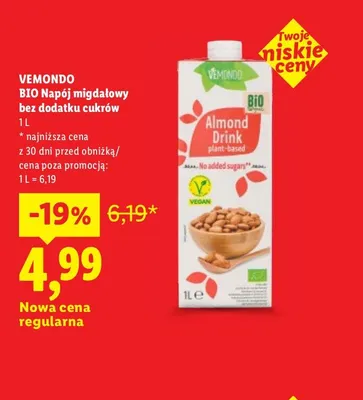 Napój migdałowy bez dodatku cukrów Vemondo promocja w Lidl