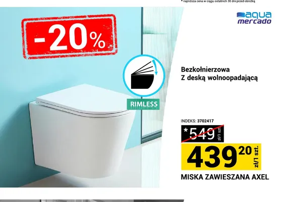 Miska zawieszana Axel Aqua Mercado bezkołnierzowa z deską wolnoopadającą promocja w Merkury Market