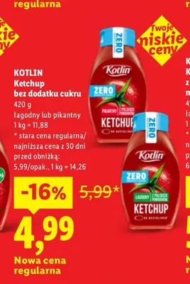 Ketchup bez dodatku cukru Kotlin pikantny promocja w Lidl
