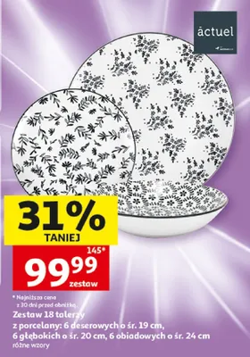 Zestaw 18 talerzy z porcelany actuel 6 deserowych śr. 19cm 6 głębokich śr. 20cm 6 obiadowych śr. 24cm promocja w Auchan