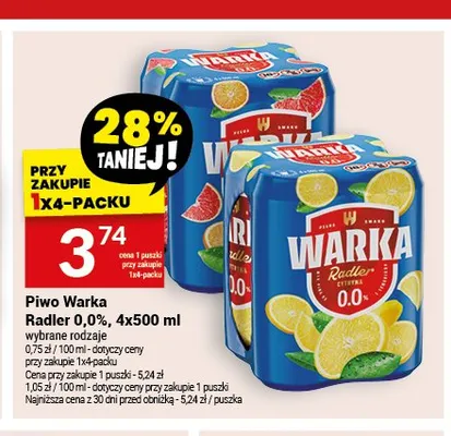 Piwo bezalkoholowe Warka Radler 0,0% 4-pak 500ml promocja w Twój Market