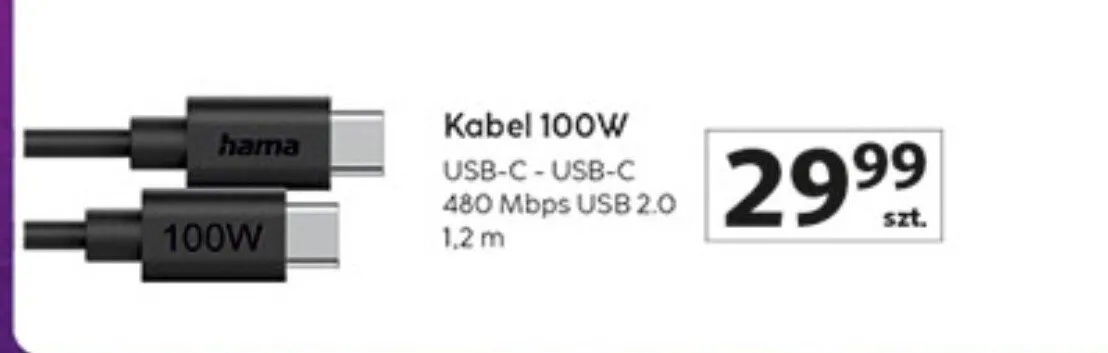 Kabel 100W USB-C - USB-C 480 Mbps USB 2.0 1,2 m promocja w Auchan