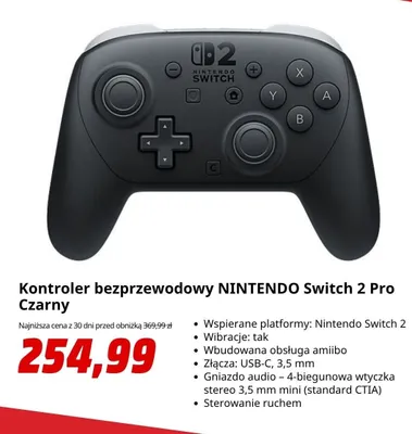 Kontroler bezprzewodowy Nintendo Switch 2 Pro Czarny promocja w Media Markt