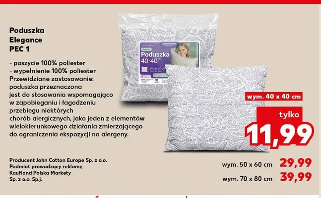 Poduszka Elegance PEC 1 wym. 40x40cm John Cotton promocja w Kaufland