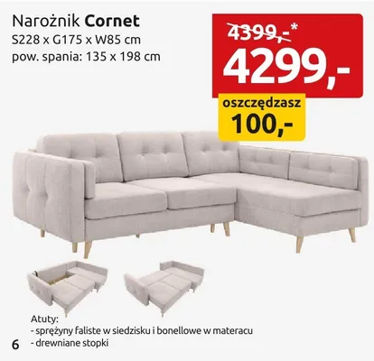 Narożnik Cornet S228xG175xW85cm pow. spania: 135x198cm promocja w Black Red White