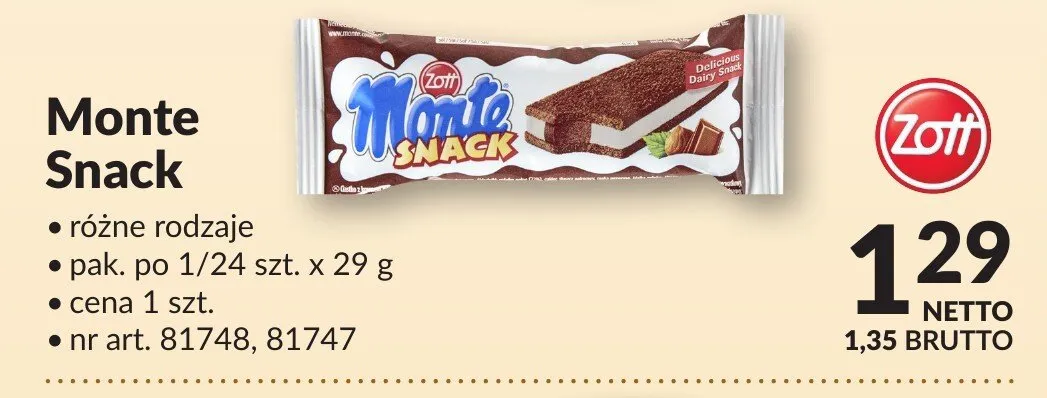 Batonik Monte Snack Zott różne rodzaje promocja w Makro