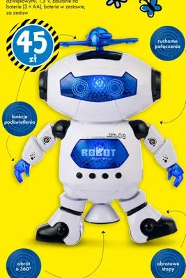 Tańczący robot ok. 21 cm, z funkcją LED i efektami dźwiękowymi, 1,5 V, zasilanie na baterie (3 × AA), baterie w zestawie promocja w Tedi