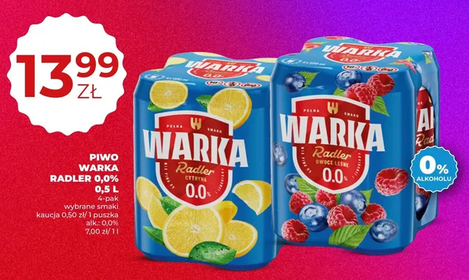 Piwo bezalkoholowe Warka Radler Owoce Leśne 4-pak promocja w Duży Ben