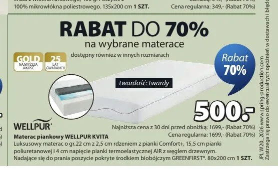 Materac piankowy WELLPUR KVITA 80x200cm promocja w Jysk