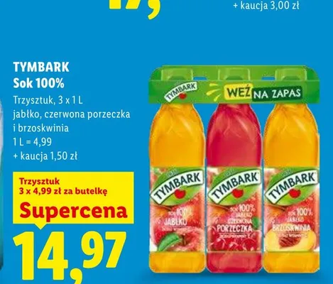 Sok 100% Tymbark 3-pak 1 l promocja w Lidl