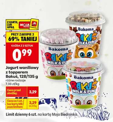 Jogurt waniliowy z topperem Bakuś z piankami promocja w Biedronka