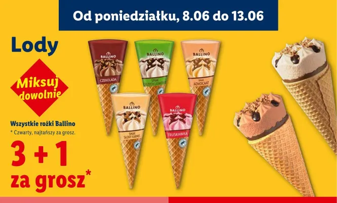 Lody rożek truskawkowy Ballino promocja w Lidl