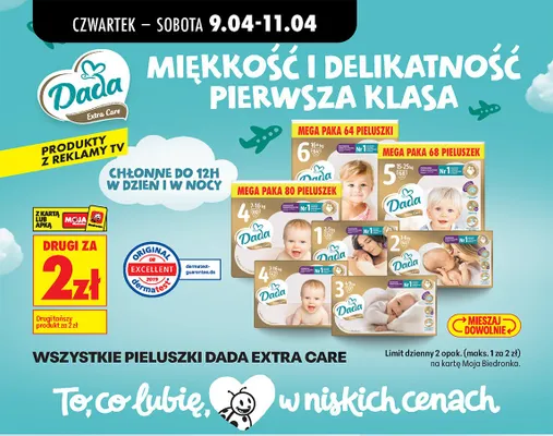 Wszystkie pieluszki Dada Extra Care DRUGIE ZA 2 ZŁ promocja w Biedronka