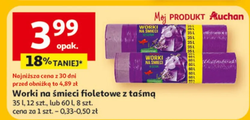 Worki na śmieci fioletowe z taśmą promocja w Auchan