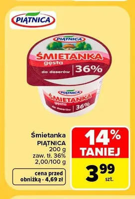 Śmietanka Piątnica zaw. 36% promocja w Carrefour