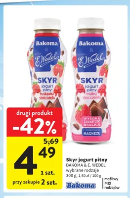 Jogurt pitny Skyr Bakoma & E.Wedel truskawka stracciatella promocja w Intermarche