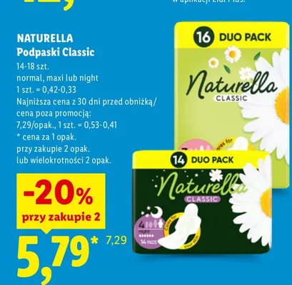 Podpaski Naturella Classic Normal Duo Pack promocja w Lidl