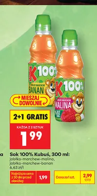 Sok Kubuś jabłko-marchew-malina 100% promocja w Biedronka