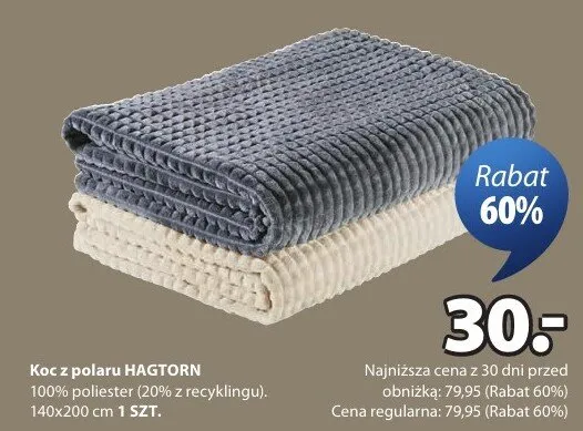 Koc z polaru Hagtorn 100% poliester (20% z recyklingu) 140x200 cm promocja w Jysk