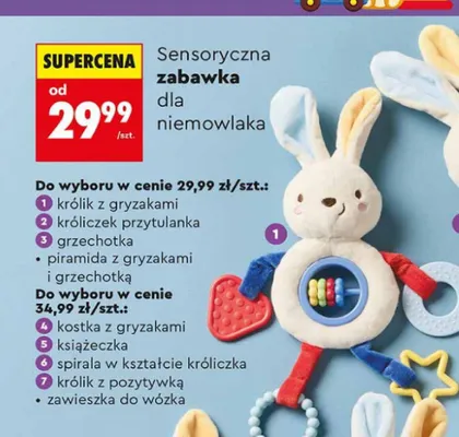 Sensoryczna zabawka dla niemowlaka królik z gryzakami promocja w Biedronka