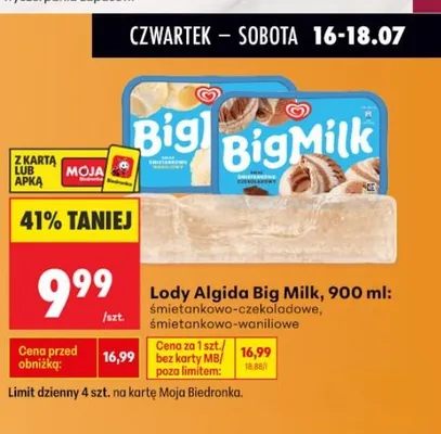 Lody Algida Big Milk śmietankowo-waniliowe promocja w Biedronka