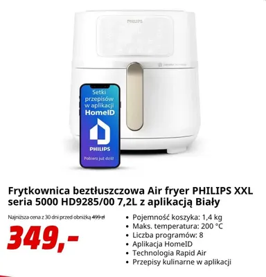 Frytkownica beztłuszczowa Philips Xxl seria 5000 HD9285/00 7,2 l z aplikacją biały promocja w Media Markt