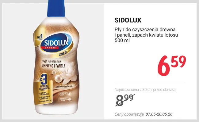 Płyn do czyszczenia drewna i paneli Sidolux Expert Gold zapach kwiatu lotosu promocja w Rossmann