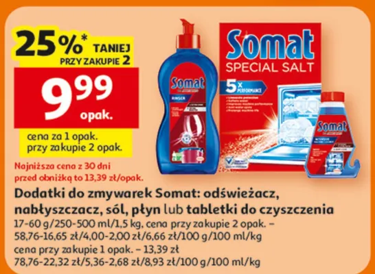 Dodatki do zmywarek Somat: odświeżacz, nabłyszczacz, sól lub płyn lub tabletki do czyszczenia promocja w Auchan