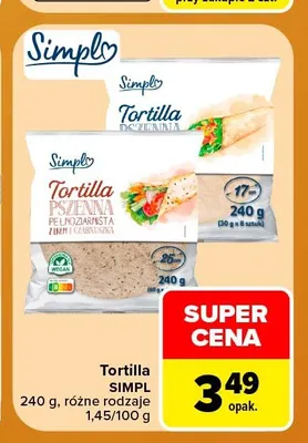 Tortilla pszenna pełnoziarnista z lnem i czarnuszką Simpl promocja w Carrefour