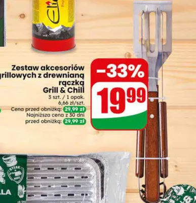 Zestaw akcesoriów grillowych z drewnianą rączką Grill & Chill 3szt. promocja w Dino