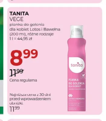 Pianka do golenia dla kobiet Lotos i Bawełna Tanita Vege promocja w Drogerie Jawa