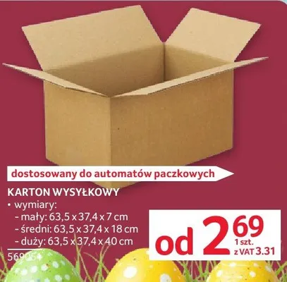Karton pakunkowy dostosowany do automatów paczkowych wymiary mały 53 x 37 x 7 cm średni 63,5 x 37,4 x 18 cm drodzy 63,5 x 37,4 x 40 cm promocja w Selgros