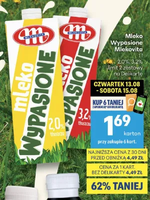 Mleko UHT Wypasione Mlekovita 3,2% promocja w Delikatesy Centrum