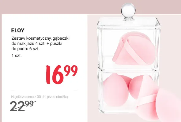 Zestaw kosmetyczny, gąbeczki do makijażu 4 szt. + puszki do pudru 6 szt. Eloy promocja w Rossmann