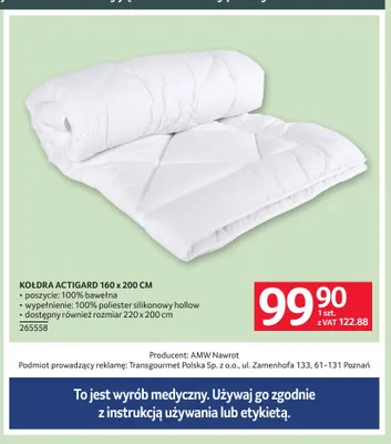 Kołdra Actigard 160x200 cm promocja w Selgros