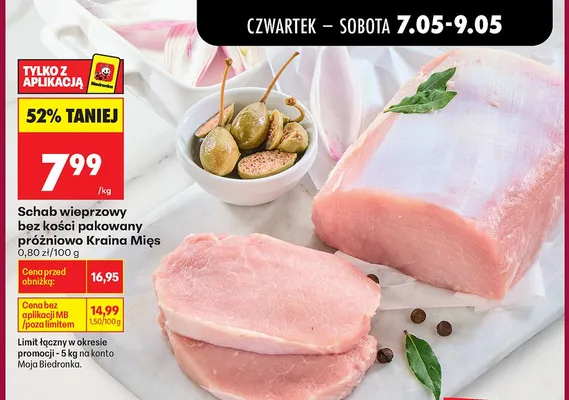Schab wieprzowy bez kości pakowany próżniowo Kraina Mięs promocja w Biedronka