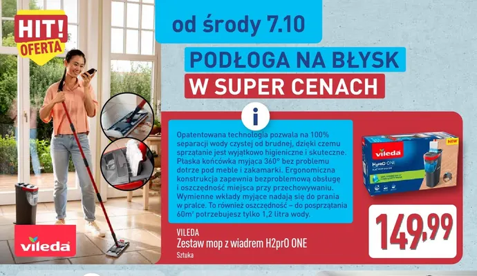 Zestaw mop z wiadrem H2prO ONE Vileda promocja w Aldi