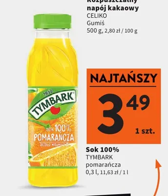 Sok pomarańcza Tymbark 100% promocja w Intermarche